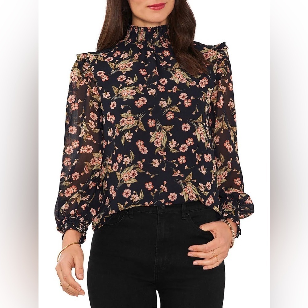 1.STATE Floral Print Ruffle Blouse Black Multi S NWT - Whimsigoth Office Siren